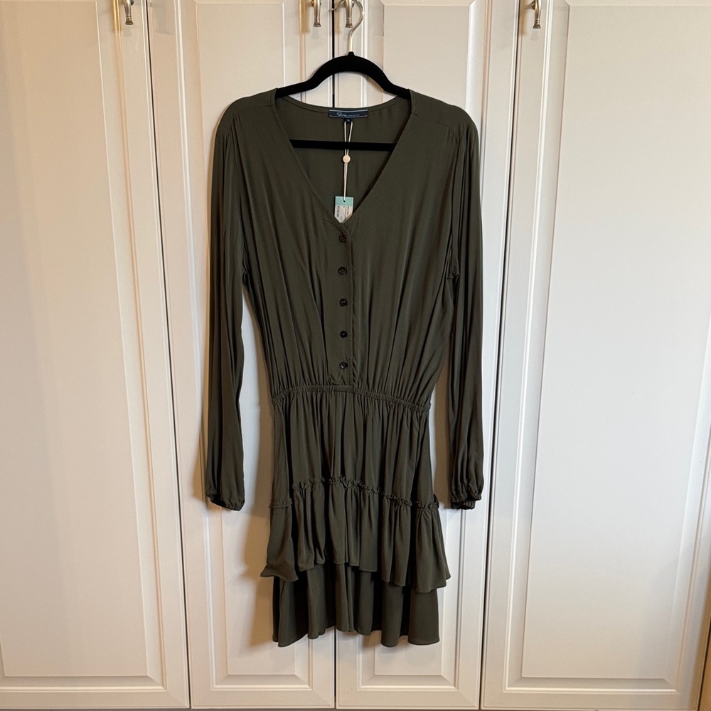 Long Sleeve Tiered V-Neck Dress in Olive by Unknown